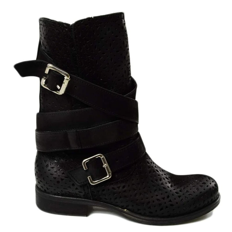 Stivali Donna Biker Traforati in Pelle Nabuk Neri Made in Italy