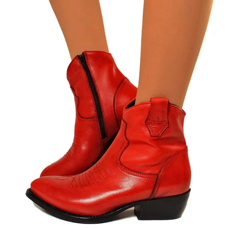 Stivaletti Texani Donna in Pelle Vintage Rossi Made in Italy