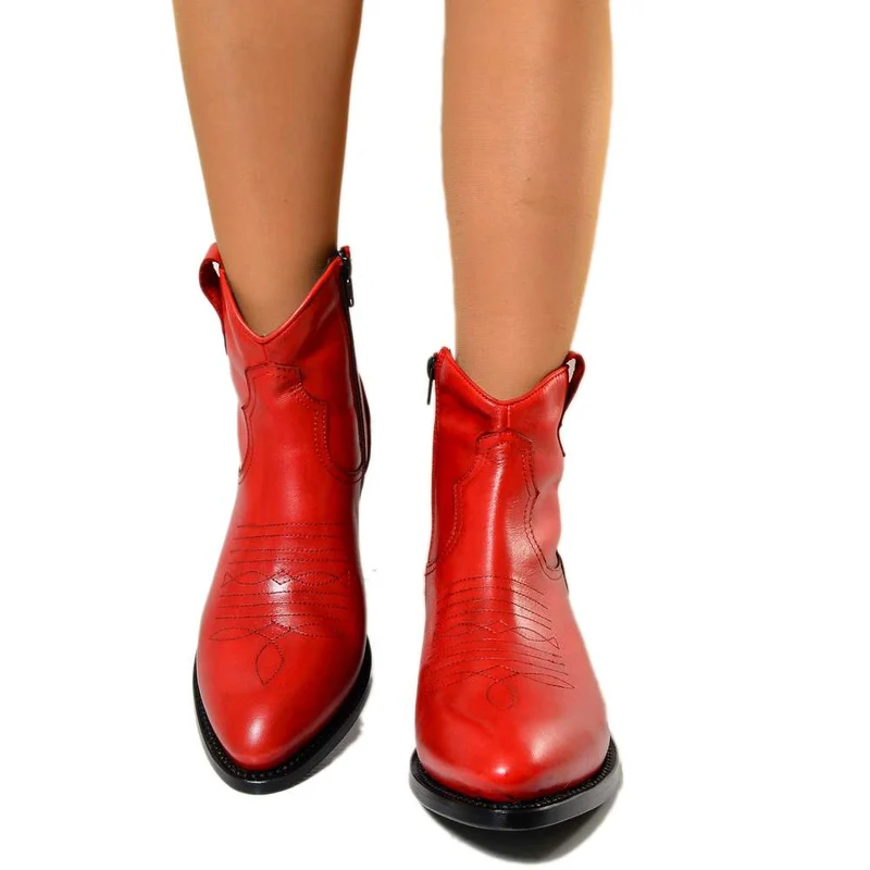 Stivaletti Texani Donna in Pelle Vintage Rossi Made in Italy