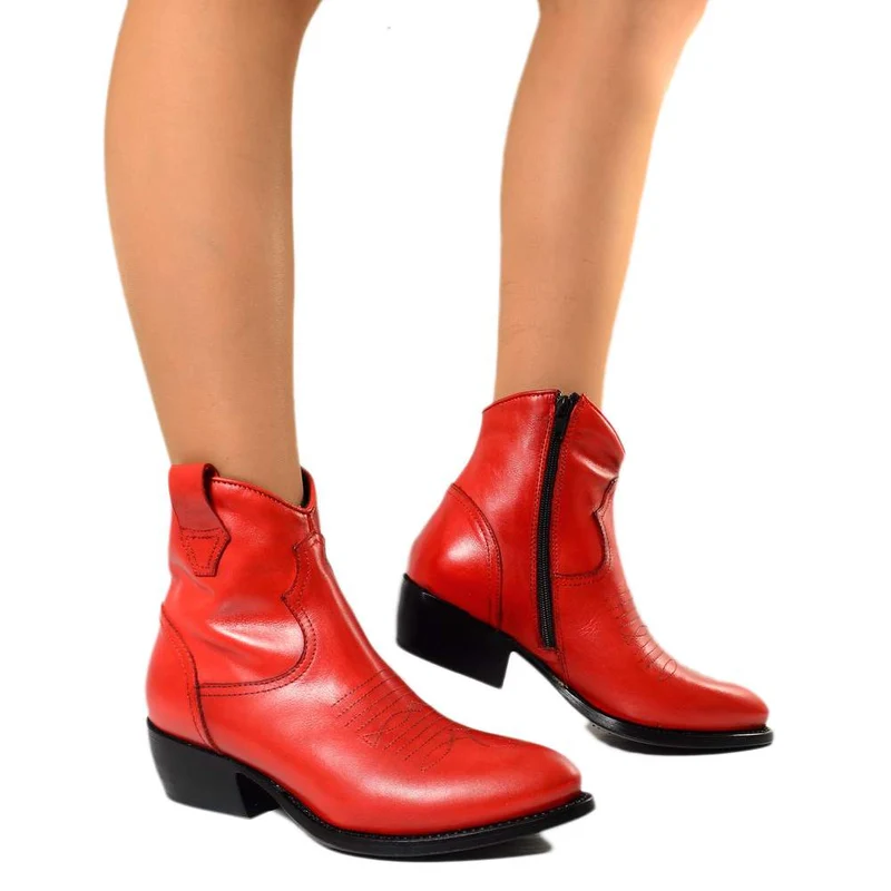 Stivaletti Texani Donna in Pelle Vintage Rossi Made in Italy