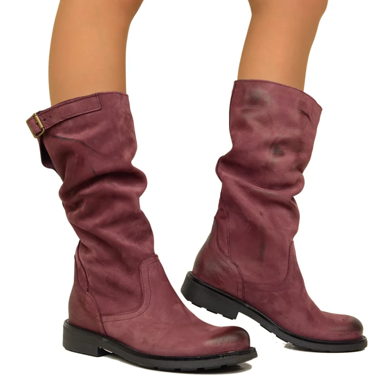 Stivali Biker Boots a Metà Polpaccio in Pelle Vintage Bordeaux