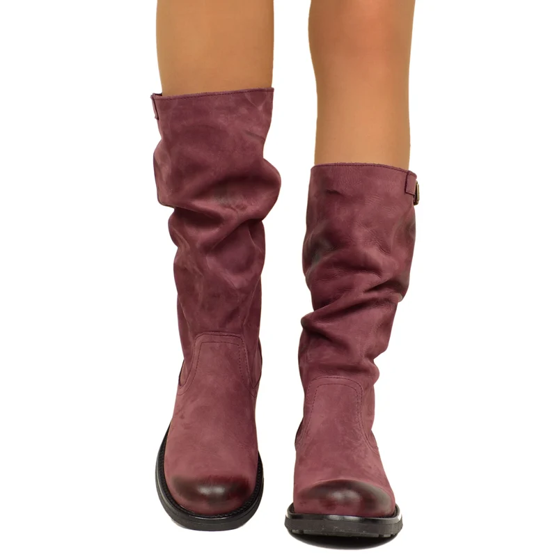 Stivali Biker Boots a Metà Polpaccio in Pelle Vintage Bordeaux