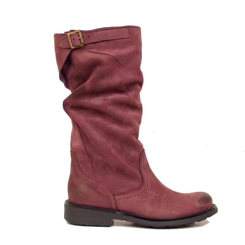 Stivali Biker Boots a Metà Polpaccio in Pelle Vintage Bordeaux