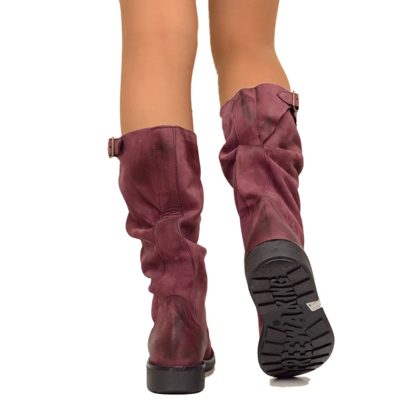 Stivali Biker Boots a Metà Polpaccio in Pelle Vintage Bordeaux