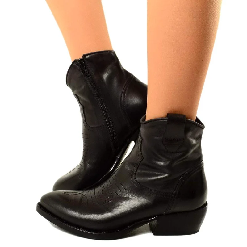 Stivaletti Texani Donna in Pelle Vintage Neri Made in Italy