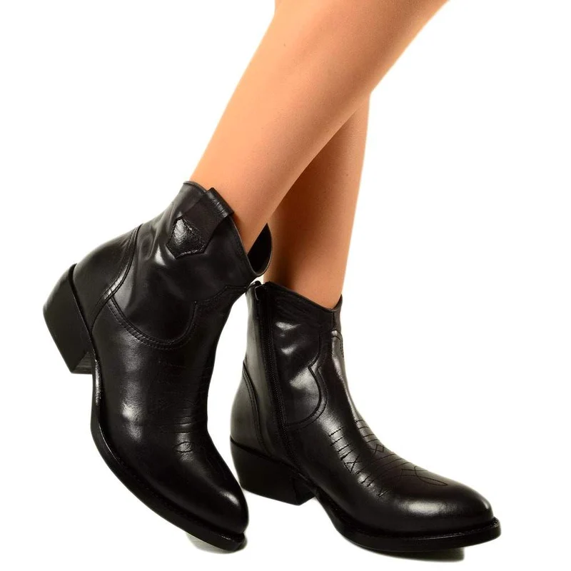 Stivaletti Texani Donna in Pelle Vintage Neri Made in Italy