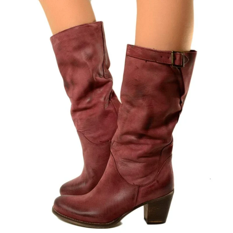 Stivali Biker con Tacco Medio Gambale in Vera Pelle Nabuk Bordeaux