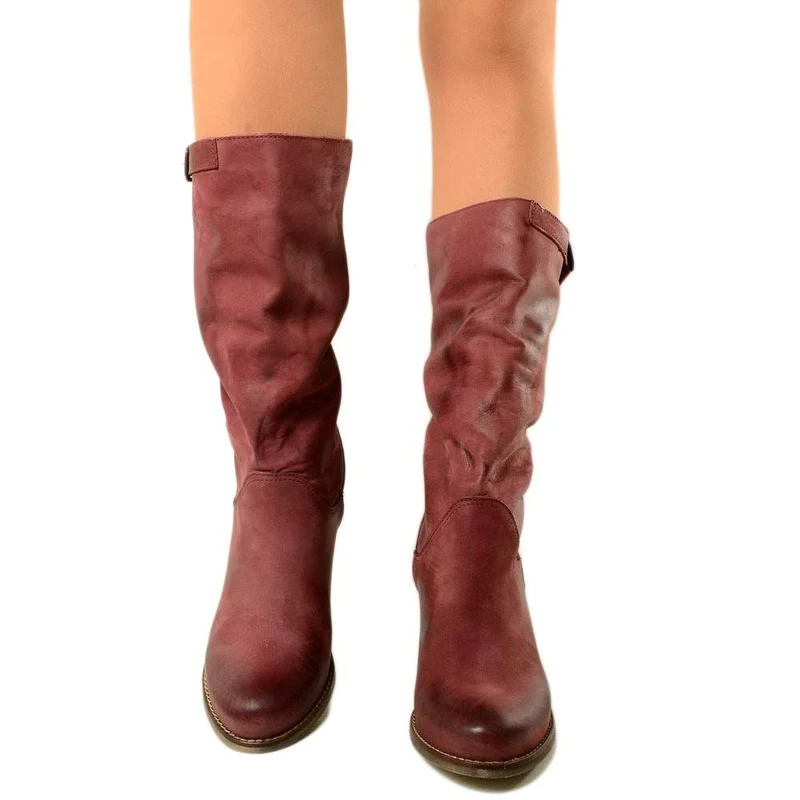 Stivali Biker con Tacco Medio Gambale in Vera Pelle Nabuk Bordeaux