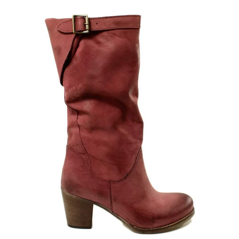 Stivali Biker con Tacco Medio Gambale in Vera Pelle Nabuk Bordeaux