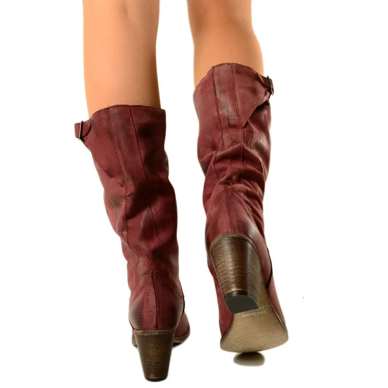 Stivali Biker con Tacco Medio Gambale in Vera Pelle Nabuk Bordeaux