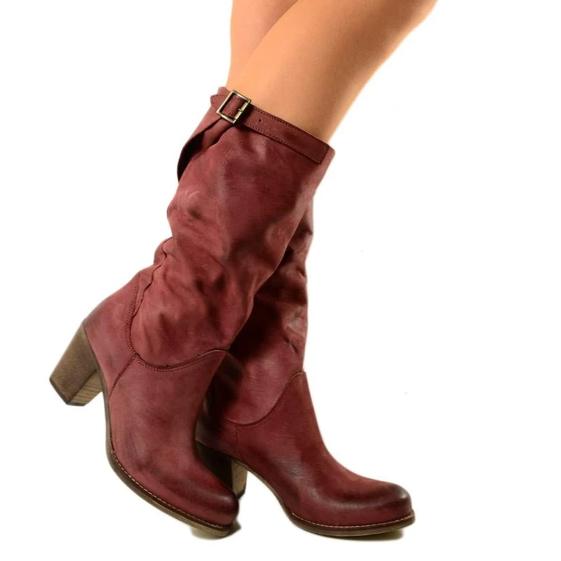 Stivali Biker con Tacco Medio Gambale in Vera Pelle Nabuk Bordeaux