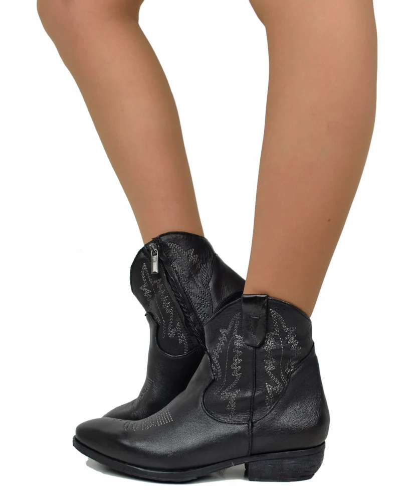 Stivaletti Texani in Vera Pelle Nero Effetto Used Made in Italy