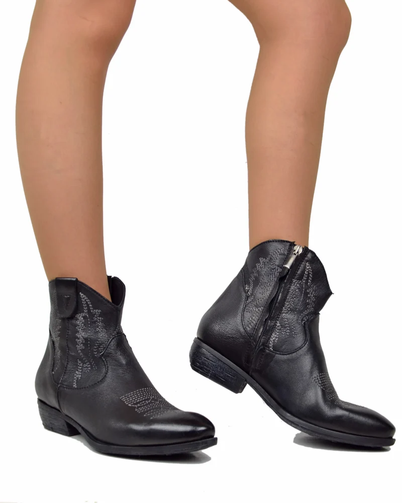 Stivaletti Texani in Vera Pelle Nero Effetto Used Made in Italy