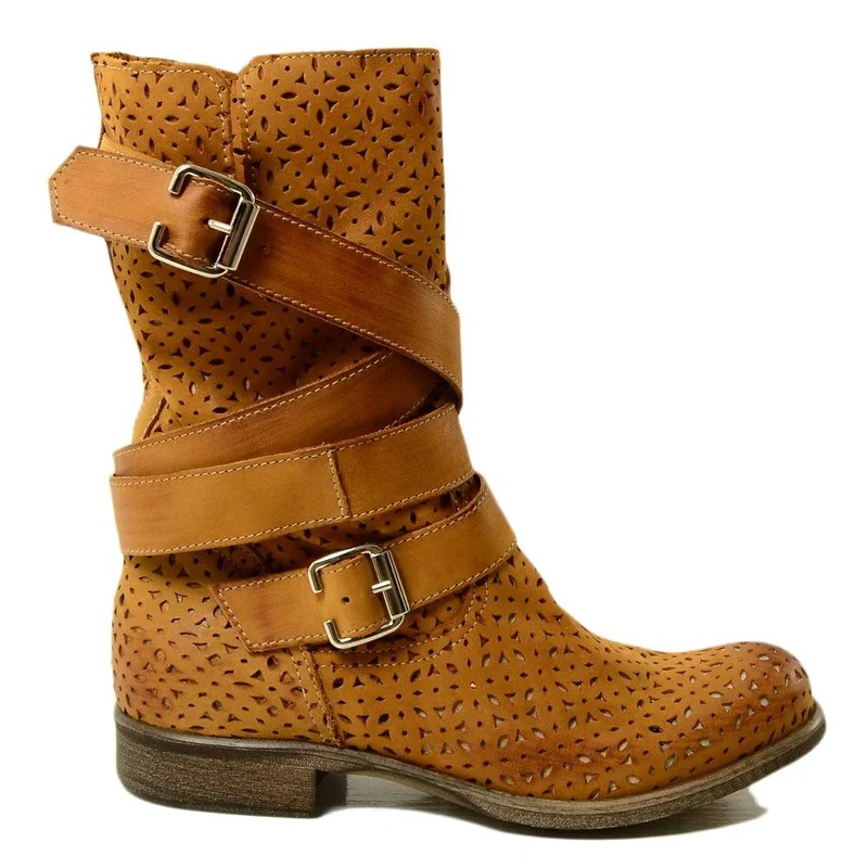 Biker Boots Stivaletti Traforati in Pelle Nabuk Cuoio