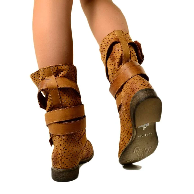 Biker Boots Stivaletti Traforati in Pelle Nabuk Cuoio