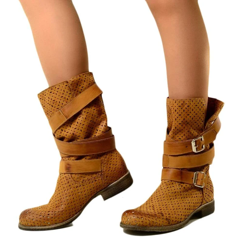 Biker Boots Stivaletti Traforati in Pelle Nabuk Cuoio