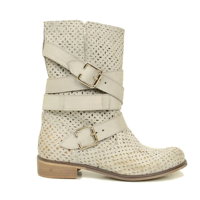 Biker Boots Stivaletti Traforati in Pelle Nabuk Perla