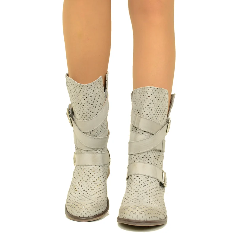 Biker Boots Stivaletti Traforati in Pelle Nabuk Perla