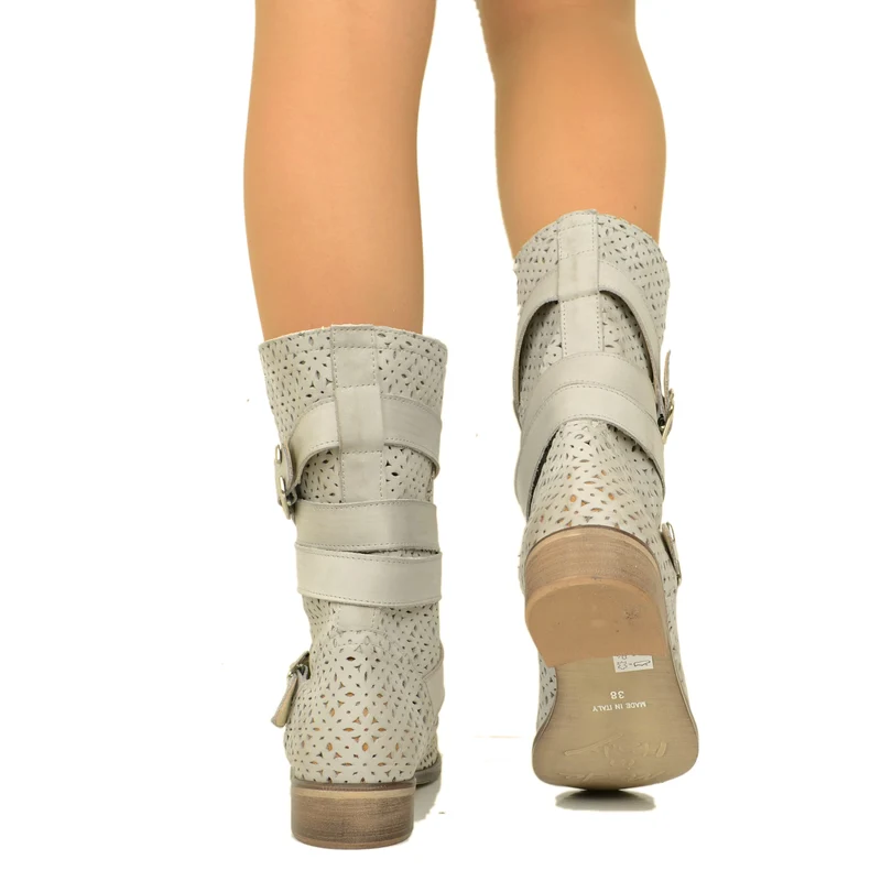 Biker Boots Stivaletti Traforati in Pelle Nabuk Perla
