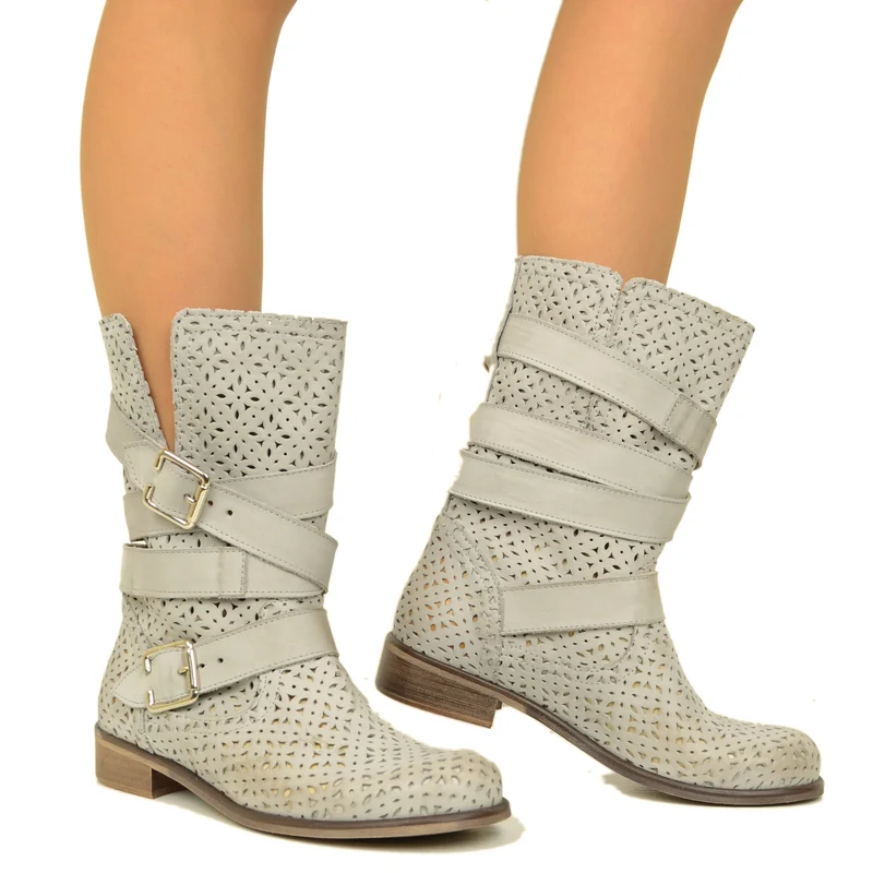 Biker Boots Stivaletti Traforati in Pelle Nabuk Perla