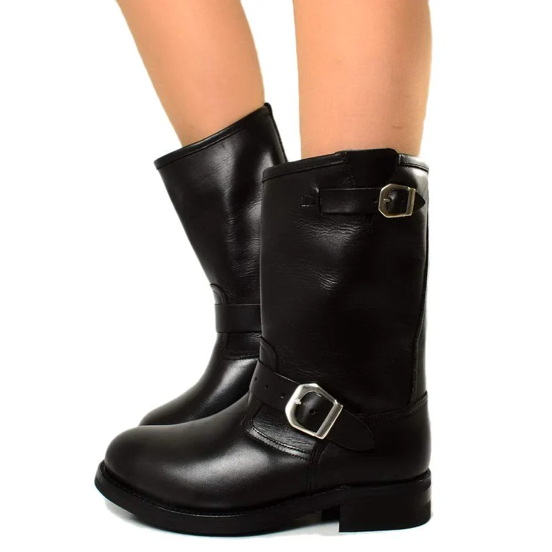 Stivali Donna Metal Biker Boots Punta in Ferro Pelle Nera