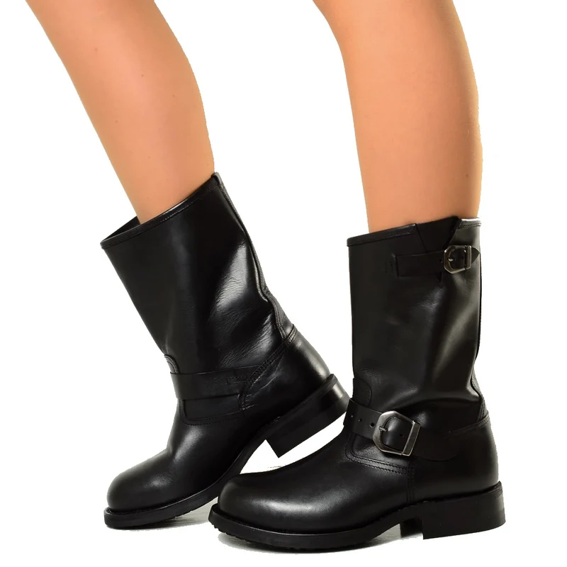 Stivali Donna Metal Biker Boots Punta in Ferro Pelle Nera