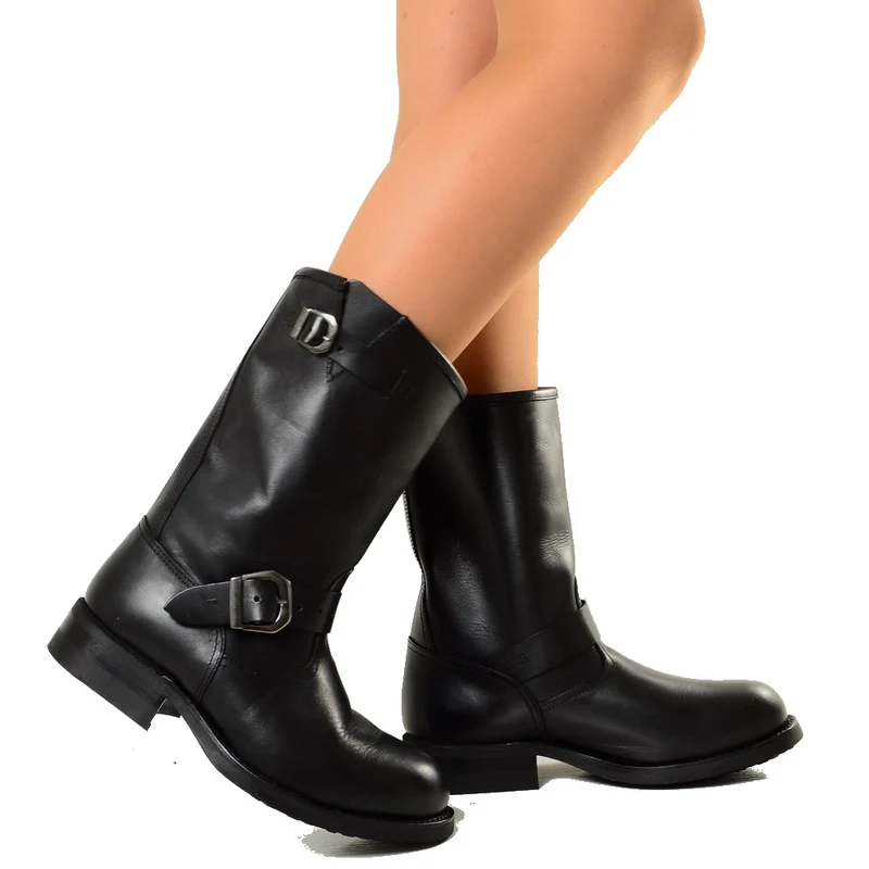 Stivali Donna Metal Biker Boots Punta in Ferro Pelle Nera