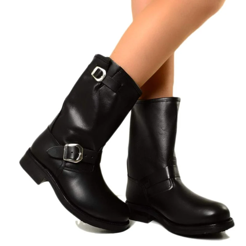 Stivali Donna Metal Biker Boots Punta in Ferro Pelle Nera