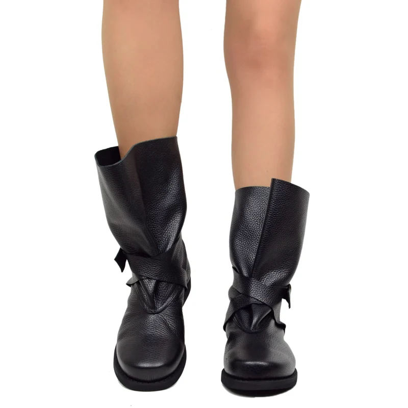 Stivali Biker Boots per Polpacci Grossi in Pelle Nera Fondo Gomma