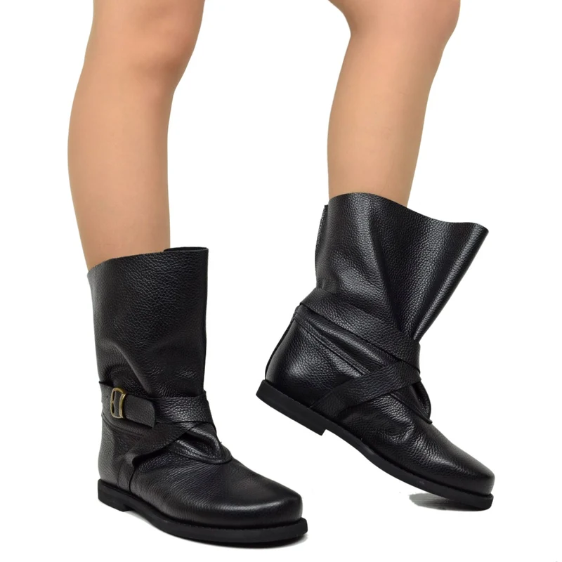 Stivali Biker Boots per Polpacci Grossi in Pelle Nera Fondo Gomma