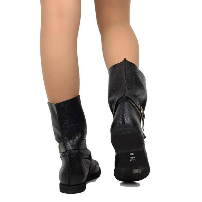 Stivali Biker Boots per Polpacci Grossi in Pelle Nera Fondo Gomma