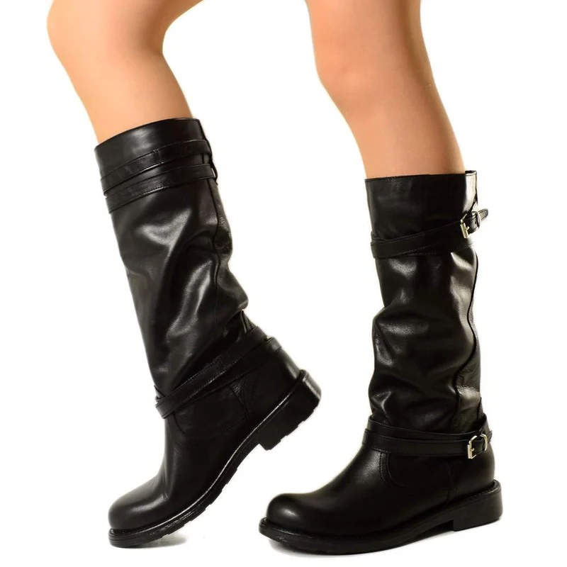 Stivali Donna Camperos Alti con Fibbie in Pelle Liscia Nero