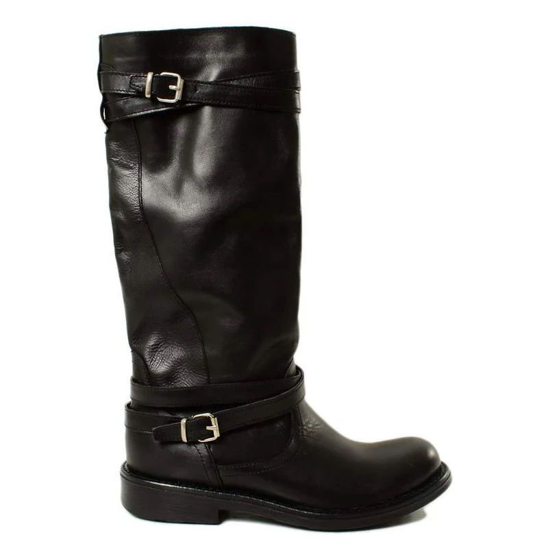 Stivali Donna Camperos Alti con Fibbie in Pelle Liscia Nero
