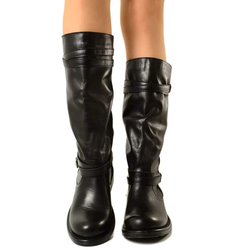 Stivali Donna Camperos Alti con Fibbie in Pelle Liscia Nero