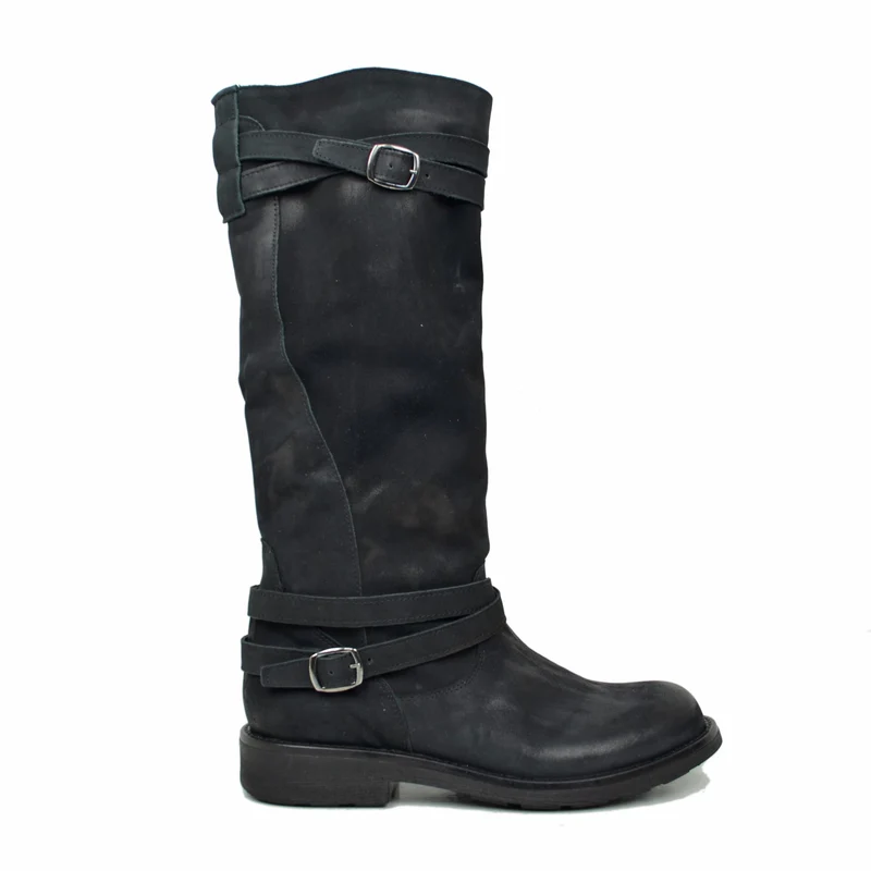 Stivali Camperos Alti Donna in Pelle Vintage Sfumata Neri