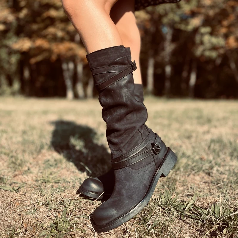 Stivali Camperos Alti Donna in Pelle Vintage Sfumata Neri