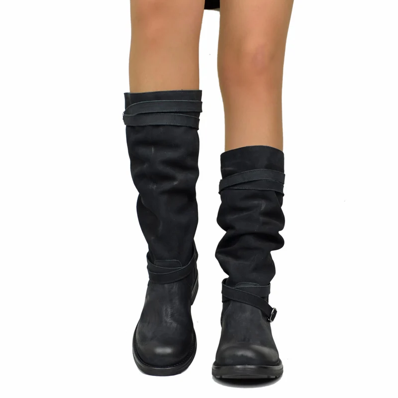 Stivali Camperos Alti Donna in Pelle Vintage Sfumata Neri