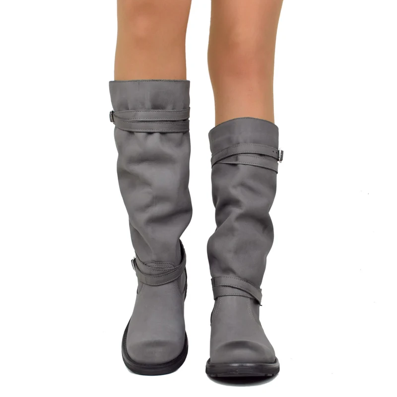 Stivali Camperos Alti Donna in Pelle Vintage Sfumata Grigio