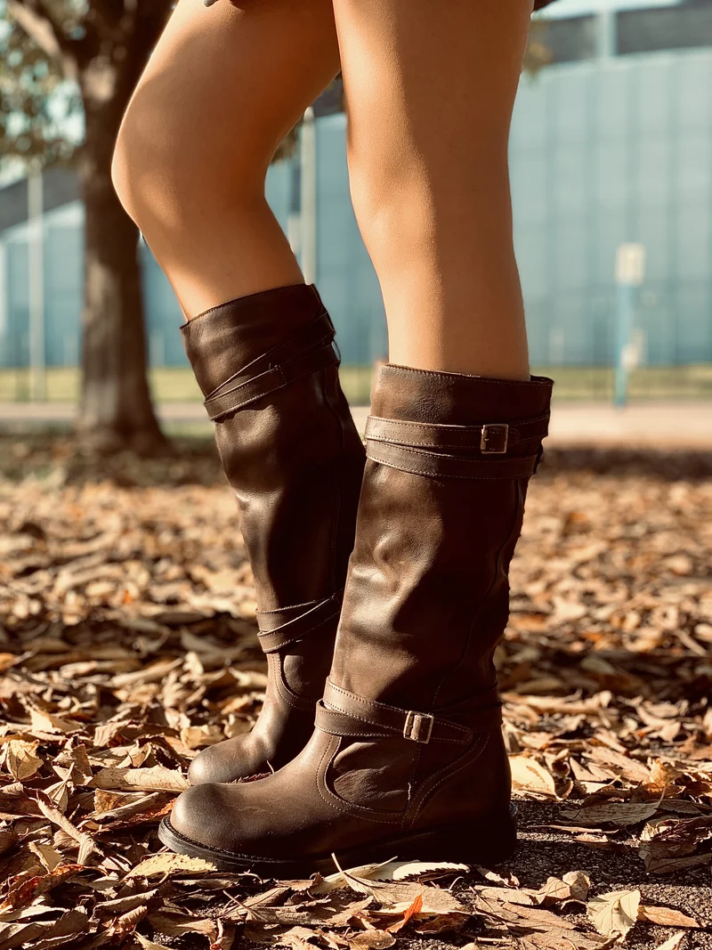 Stivali Camperos Alti Donna in Pelle Vintage Sfumata Testa di Moro