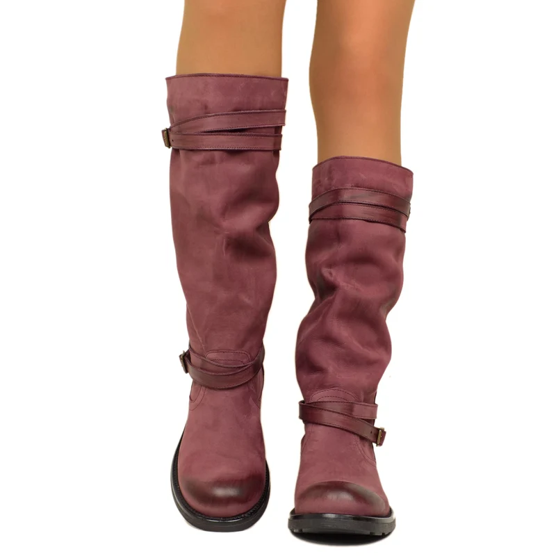 Stivali Camperos Alti Donna in Pelle Vintage Sfumata Bordeaux