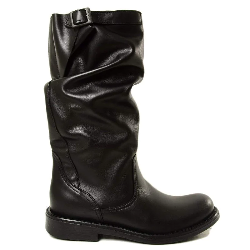 Stivali Biker Boots Comodi a Metà Polpaccio in Vera Pelle Nera