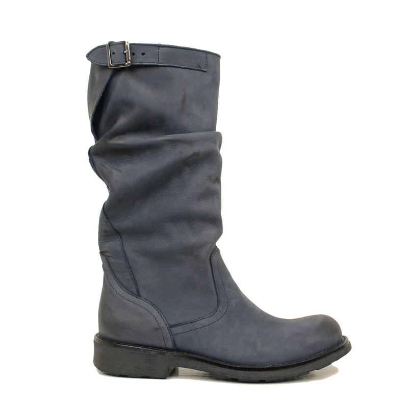 Stivali Biker Boots a Metà Polpaccio in Pelle Vintage Blu