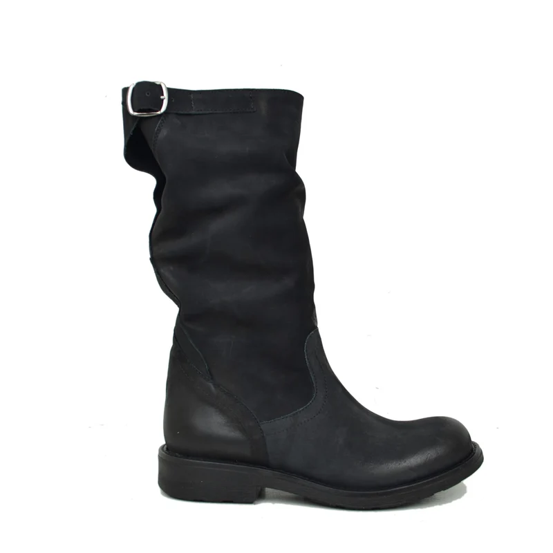 Stivali Biker Boots a Metà Polpaccio in Pelle Vintage Neri