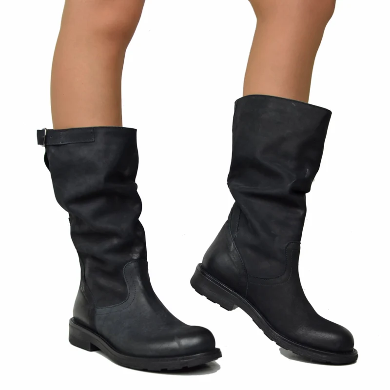 Stivali Biker Boots a Metà Polpaccio in Pelle Vintage Neri