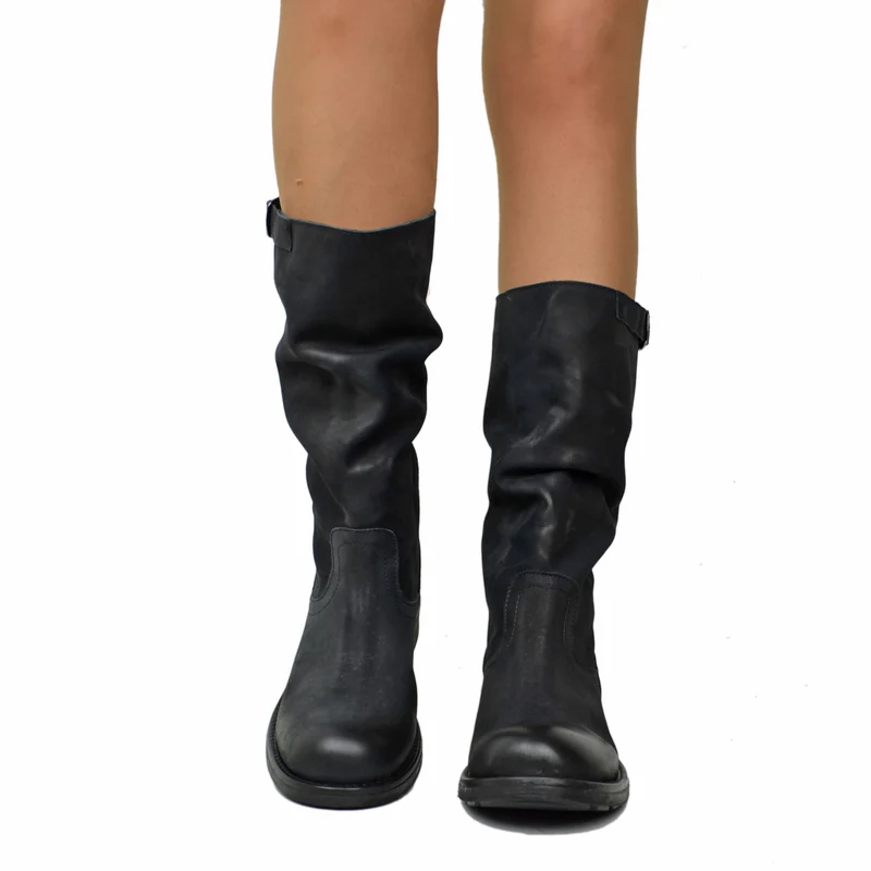 Stivali Biker Boots a Metà Polpaccio in Pelle Vintage Neri