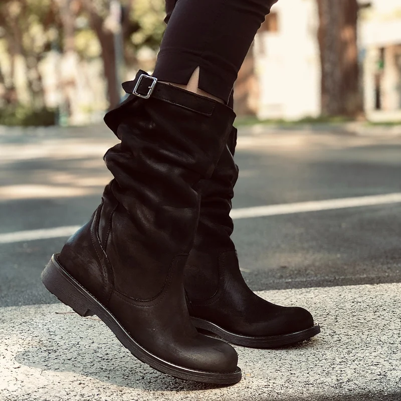 Stivali Biker Boots a Metà Polpaccio in Pelle Vintage Neri