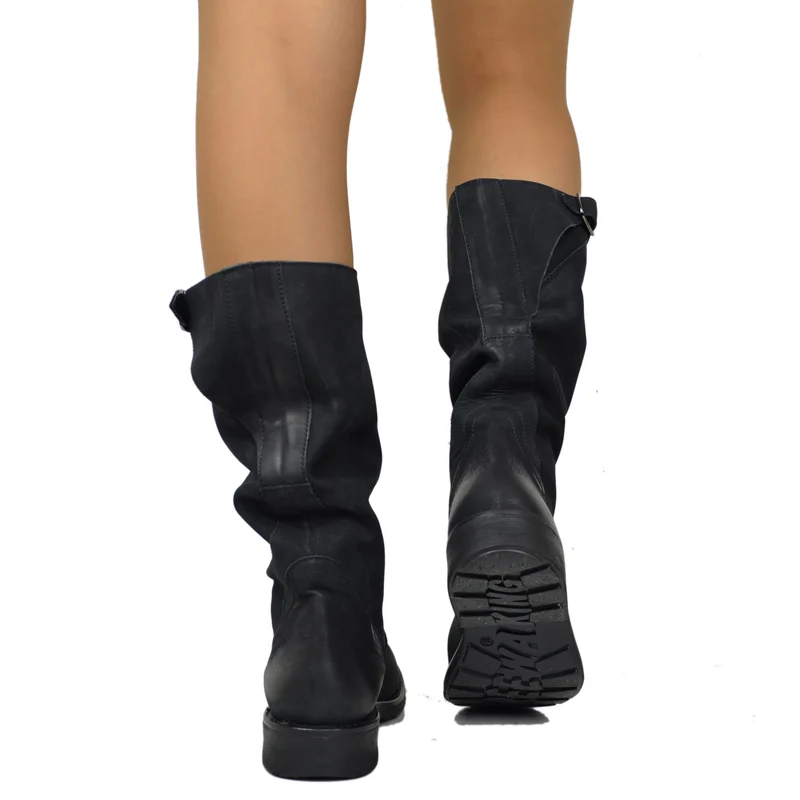 Stivali Biker Boots a Metà Polpaccio in Pelle Vintage Neri