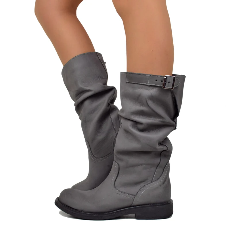 Stivali Biker Boots a Metà Polpaccio in Pelle Vintage Grigio