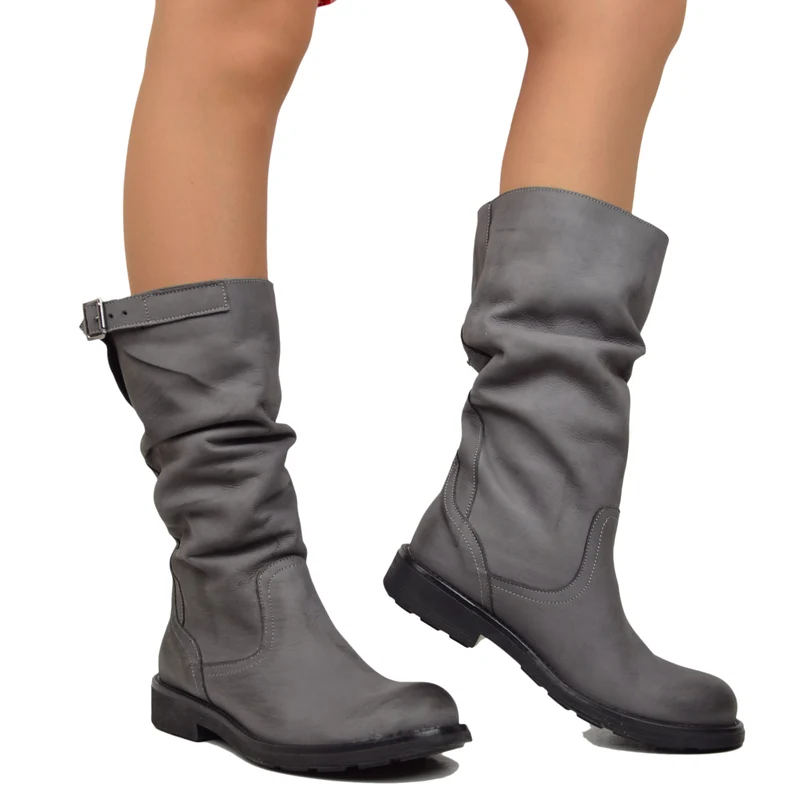 Stivali Biker Boots a Metà Polpaccio in Pelle Vintage Grigio
