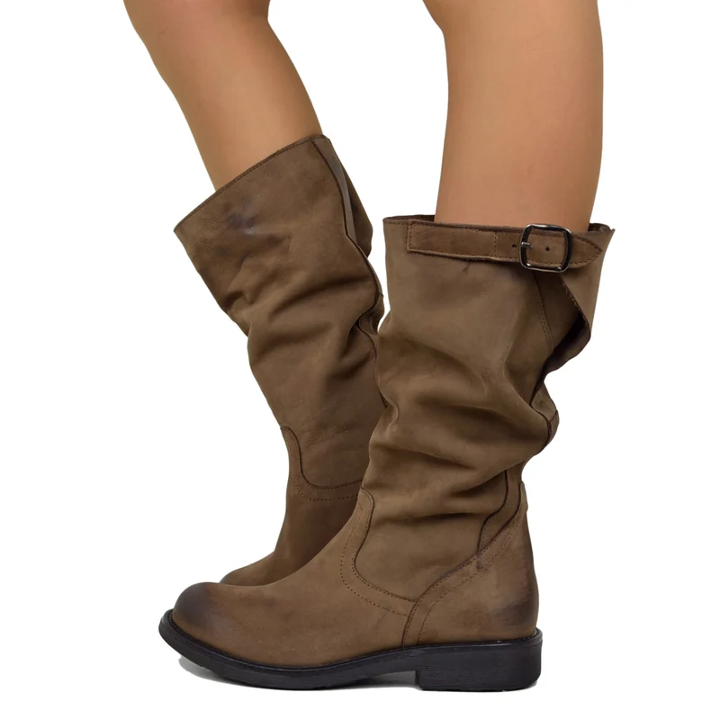 Stivali Biker Boots a Metà Polpaccio in Pelle Vintage Marrone